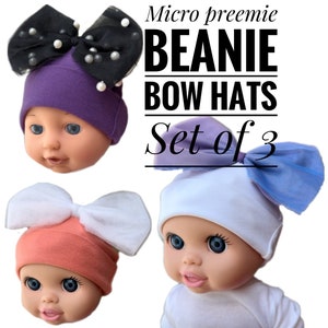 Micro preemie Beanie Bow Hats, Set of 3, NICU Care Package, NICU Baby Gift, Micro Preemie Clothes, Micro preemie Hat with Bow