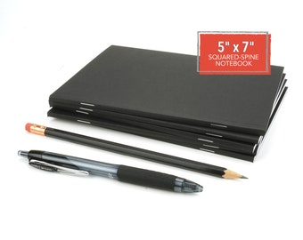 Black Notebook, 5" x 7", 60 Pages, B6, Squared-Stapled Spine, Lined, Dot Grid, or Blank