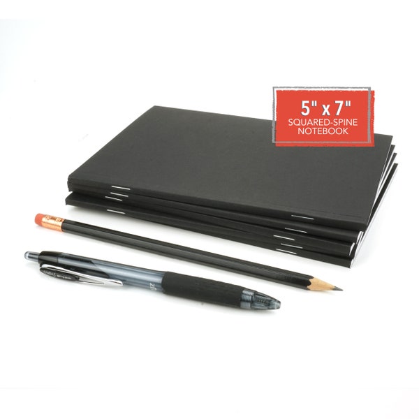 Black Notebook, 5" x 7", 60 Pages, B6, Squared-Stapled Spine, Lined, Dot Grid, or Blank