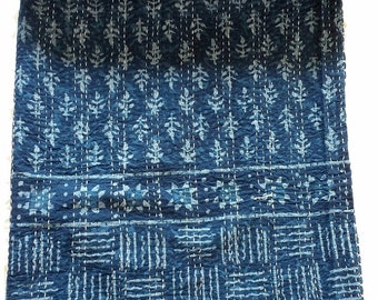 Indian Vintage Indigo Print Kantha Quilt Throw Reversible Cotton Bedspread Gudri