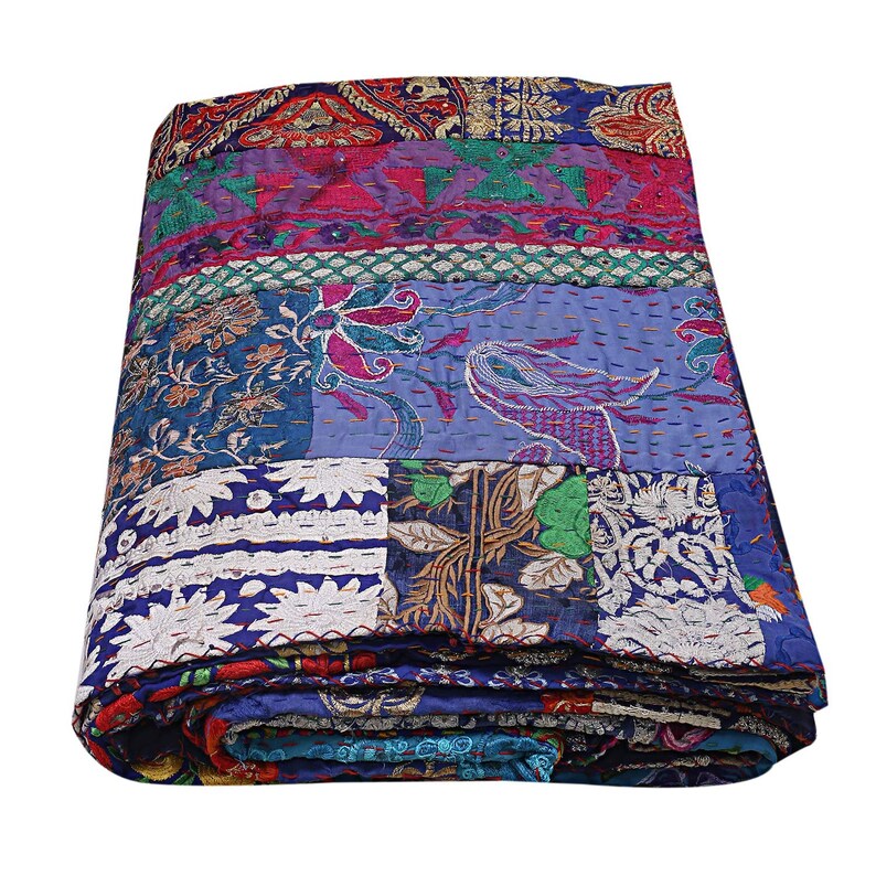 Blue Kantha Patchwork Cotton Khambadiya Bedspread Indian Etsy