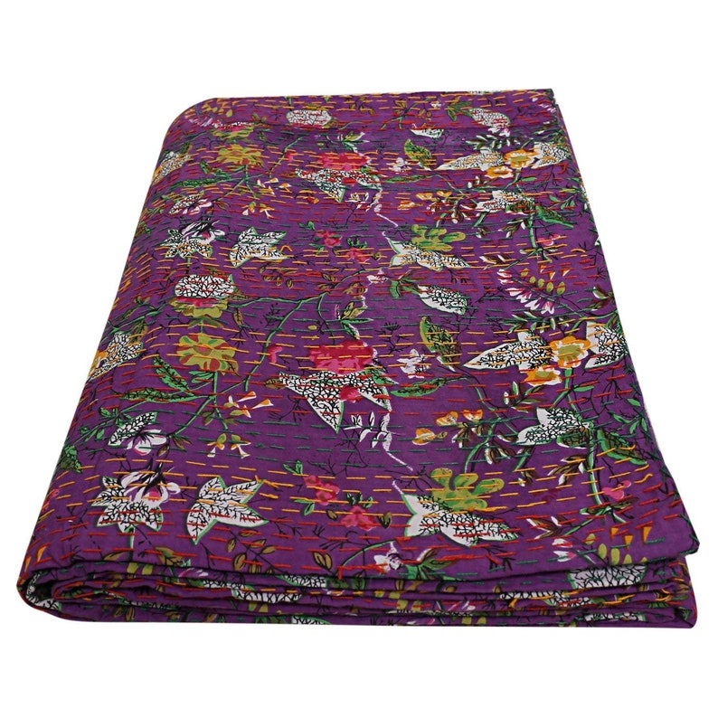 Indian Twin Gudri Handmade Quilt Vintage Purple Paradise Print Kantha Spread Throw Cotton Blanket