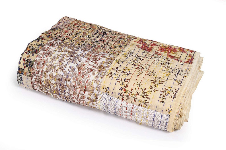 Indian Patola Silk Sari Print Patch Work Kantha Quilt Kantha Blanket Bedspread Patch Kantha Throw Twin Kantha Indian Sari Quilt Size 90X60