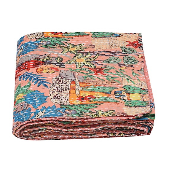 Reversible Indian Quilt. Queen Kantha Quilt Frida Kahlo Print Bedspread