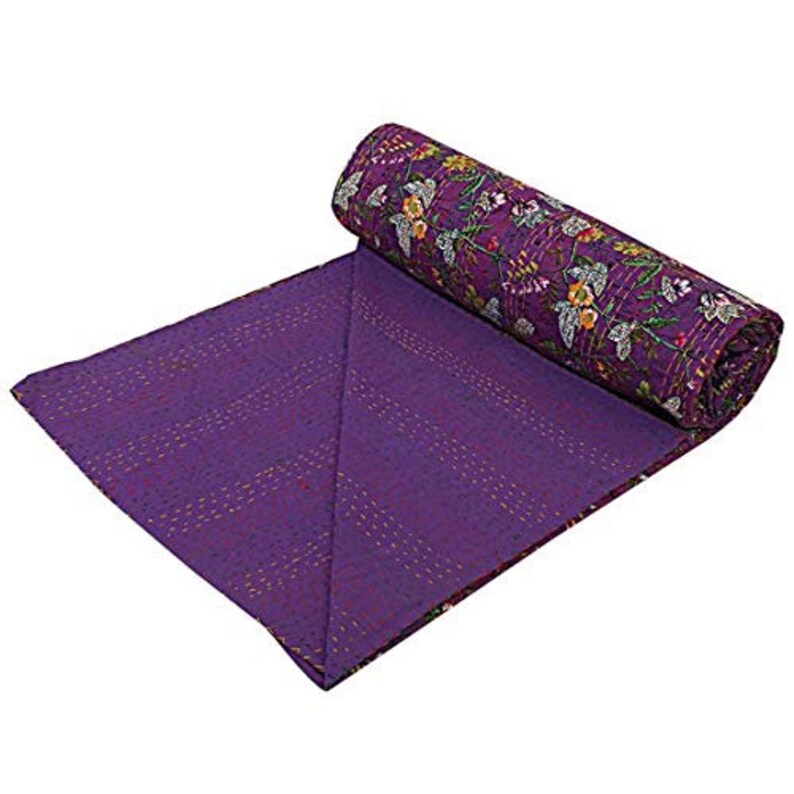 Indian Twin Gudri Handmade Quilt Vintage Purple Paradise Print Kantha Spread Throw Cotton Blanket