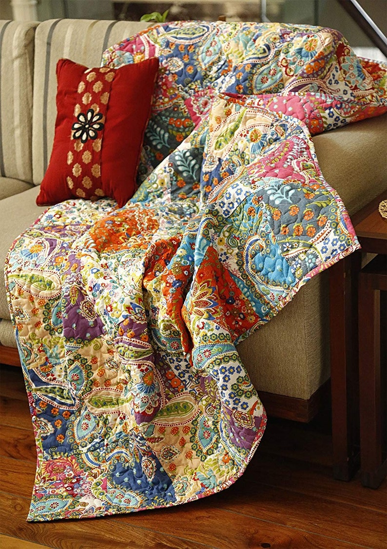 Paisely Patchwork Decorative Throw Blanket Multi Color Super Etsy