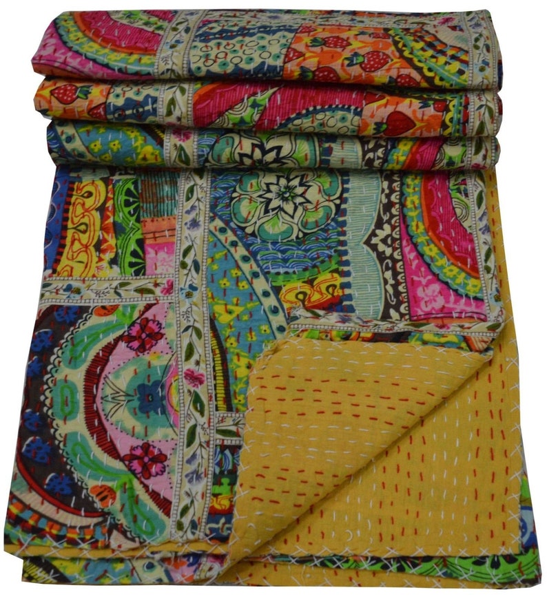 Indian Handmade Floral Kantha Quilt Traditional Patchwork Etsy