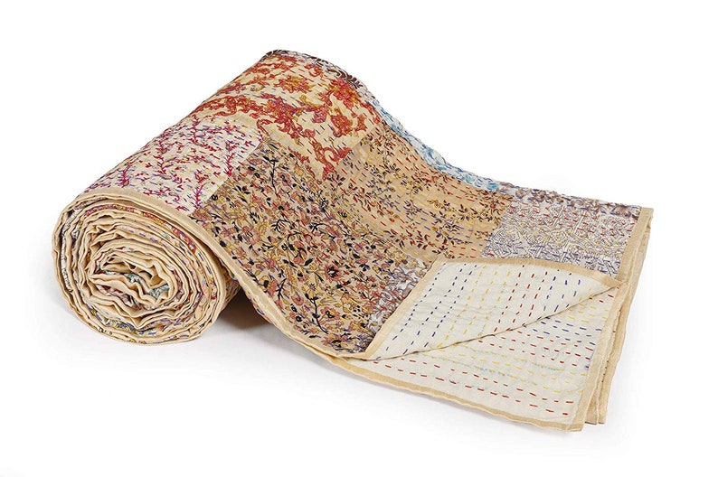 Indian Patola Silk Sari Print Patch Work Kantha Quilt Kantha Blanket Bedspread Patch Kantha Throw Twin Kantha Indian Sari Quilt Size 90X60