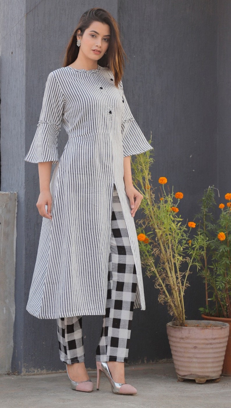 White Line kurti With pant Frill Sleeves Digital Print Etsy