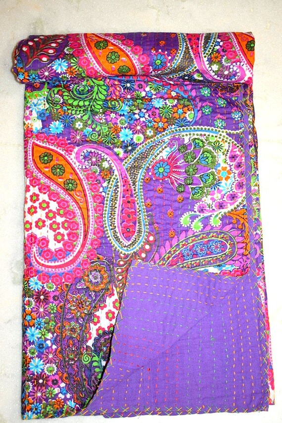 Indian Handmade Paisley Print Kantha Quilt Kantha Blanket Bed | Etsy