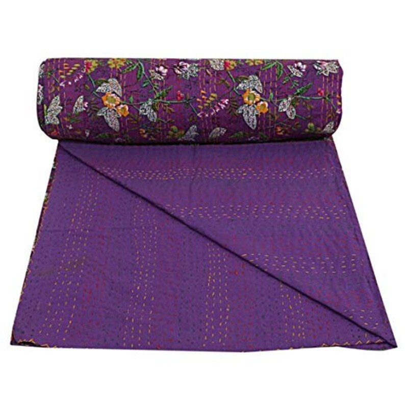 Indian Twin Gudri Handmade Quilt Vintage Purple Paradise Print Kantha Spread Throw Cotton Blanket