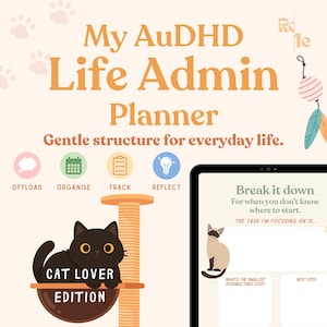 Planejador Administrativo de Vida AuDHD (Edição para Amantes de Gatos) - Download Digital - Planilhas Imprimíveis para Detalhamento de Tarefas Diárias e Reinicialização Semanal