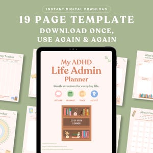 May include: A 19-page digital planner template displayed on a tablet screen with the title My ADHD Life Admin Planner. The interface features icons for offload, organise, track, and reflect, plus a graphic of a bookshelf labeled Cosy Book Corner.
