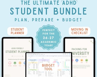 May include: A digital bundle featuring the text The Ultimate ADHD Student Bundle Plan, Prepare + Budget. It includes a student planner, a budget tool on a laptop screen, and a moving in checklist for university, all displayed on a light blue background.
