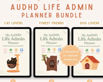May include: Three digital tablets displaying the AuDHD Life Admin Planner bundle. The collection includes Cat Lovers, Forest Friends, and Dog Lovers editions. Each planner features a light background, green text, and thematic illustrations of a cat, tree, or doghouse.