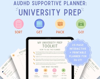 May include: A digital university preparation planner for AuDHD individuals displayed on a tablet screen. The planner includes checklists, sorting, packing, and preparation sections. A blue badge indicates a 25-page interactive and printable planner.