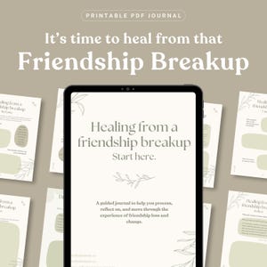Puede incluir: Un diario digital en una tableta con el texto "Sanando de una ruptura de amistad". El diario está diseñado para ayudar a procesar, reflexionar y superar la experiencia de la pérdida de amistad. El fondo es de color beige claro.
