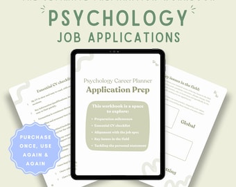May include: A digital tablet displaying a Psychology Career Planner workbook with sage green accents. The screen shows sections for preparation milestones, CV checklists, and job specs. A blue scalloped badge reads PURCHASE ONCE, USE AGAIN & AGAIN.