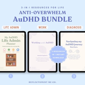 Paquete Anti-Agotamiento para AuDHD: Planificador de Administración de Vida, Diario para Diagnóstico Tardío y Planificador de Trabajo. 3 Descargas Digitales para Adultos con AuDHD Sobreestimulados.