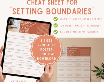 May include: A digital tablet and a wall poster displaying a boundary setting cheat sheet with terracotta and white text. The document includes sections for buying time, saying no, work, family, and friends, plus reminders. Text includes Practical words for when saying no feels difficult, Cheat sheet for setting boundaries, Ready-to-use boundary scripts, For work, family + friendships, and A4 + US letter sizes included.