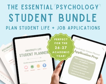 May include: A digital bundle for psychology students featuring a University Life Student Planner and a Psychology Career Planner. The text reads The Essential Psychology Student Bundle, Plan Student Life + Job Applications, and Perfect for the 26-27 Academic Year.