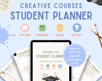 May include: A digital student planner displayed on a tablet screen, featuring the text Creative Courses Student Planner, University Life Student Planner, and sections for energy tracking, assignments, and avoiding tasks, with icons for offload, organize, track, and reflect.