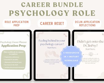 May include: A 3-in-1 digital career bundle for psychology roles featuring three tablets displaying workbook pages. Text includes 3-IN-1 RESOURCES FOR GROWTH, CAREER BUNDLE PSYCHOLOGY ROLE, ROLE APPLICATION PREP, CAREER RESET, and DCLIN APPLICATION REFLECTIONS.
