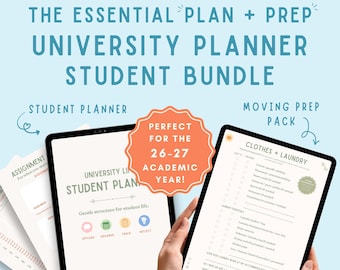 May include: A digital university planner student bundle featuring a student planner and a moving prep pack. The text reads: THE ESSENTIAL PLAN + PREP UNIVERSITY PLANNER STUDENT BUNDLE, plan the move | settle in | stay organised, and CLOTHES + LAUNDRY.