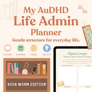 AuDHD Life Admin Planner (Boekenwurm-editie) Digitale download met printbare werkbladen voor het indelen van dagelijkse taken en het resetten van de week.