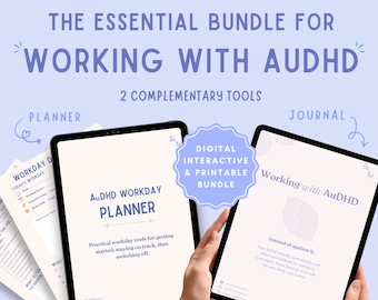 May include: A digital bundle featuring a Workday Planner and an AuDHD Work Journal. The text reads: Workday Planner + AuDHD Work Journal, The Essential Bundle for Working with AuDHD, 2 Complementary Tools, Digital Interactive & Printable Bundle.