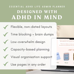May include: A digital planner advertisement titled Essential ADHD Life Admin Planner Designed With ADHD In Mind. A list of features includes flexible non-dated layouts, time blocking, brain dumps, low-overwhelm design, capacity-based planning, and visual organization support.