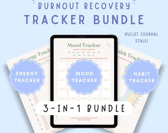May include: A digital tablet displaying a Mood Tracker page, part of a Burnout Recovery Tracker Bundle. The bundle includes an Energy Tracker, Mood Tracker, and Habit Tracker, presented as a 3-in-1 set in a bullet journal style with light blue accents.