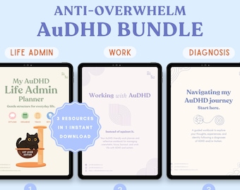 May include: A digital 3-in-1 AuDHD bundle featuring three planners titled My AuDHD Life Admin Planner, Working with AuDHD, and Navigating my AuDHD journey. The graphic includes a black cat illustration and text stating 3 resources in 1 instant download.