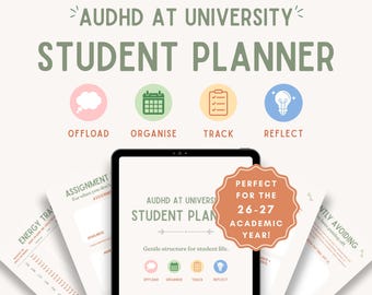 May include: A digital student planner displayed on a tablet screen, featuring the text "AUDHD AT UNIVERSITY STUDENT PLANNER" and "Gentle structure for student life." Four circular icons represent "OFFLOAD," "ORGANISE," "TRACK," and "REFLECT."
