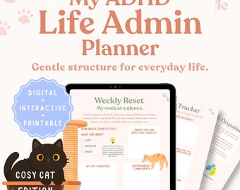 May include: A digital ADHD Life Admin Planner with a Weekly Reset page displayed on a tablet screen. The design features a black cat illustration, paw prints, and the text My ADHD Life Admin Planner, Cosy Cat Edition, and Digital Interactive Printable.