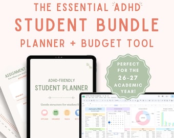 May include: A digital bundle for ADHD students featuring a planner and budget tool. The text reads The Essential Bundle for ADHD Students, The Essential ADHD Student Bundle, Planner + Budget Tool, ADHD-Friendly Student Planner, and Perfect for the 26-27 Academic Year.