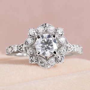 1.55 Ct Beautiful Floral Engagement Ring Round Cut Diamond Flower Wedding Ring For Her Natural Inspired Unique Ring image 1