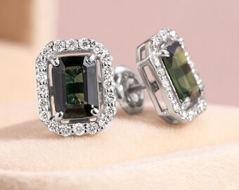 Classic Green Emerald Earrings Rectangle Square Halo Earrings, 2.30 CTW Stud Earrings