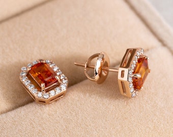 Beauty Orange Sapphire Stud Earrings Halo Diamonds Square Rectangle Rose Gold Earrings for a Wedding