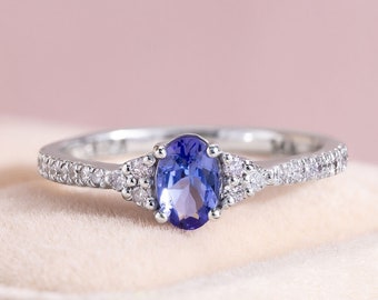 14k Oval Engagement Ring Blue Tanzanite Gemstone Engagement Ring