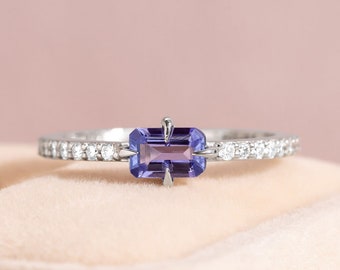 Emerald Cut Tanzanite Engagement Ring 1 CT Purple Gemstone Half Eternity Paved Setting Gorgeous Ring for Women