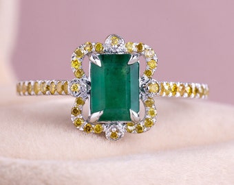 Emerald Anniversary Ring 1.4 Ct Green Emerald & Natural Diamond 14k White Gold Ring