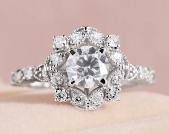 1.55 Ct Beautiful Floral Engagement Ring Round Cut Diamond Flower Wedding Ring For Her Natural Inspired Unique Ring