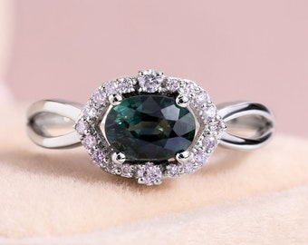 Green Sapphire Diamonds Oval Ring Twist Shank Anniversary Ring for Her