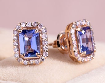 Rose Gold Halo Earrings, Tanzanite Halo Earrings Emerald Cut Shape