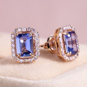 Rose Gold Halo Earrings, Tanzanite Halo Earrings Emerald Cut Shape image 1