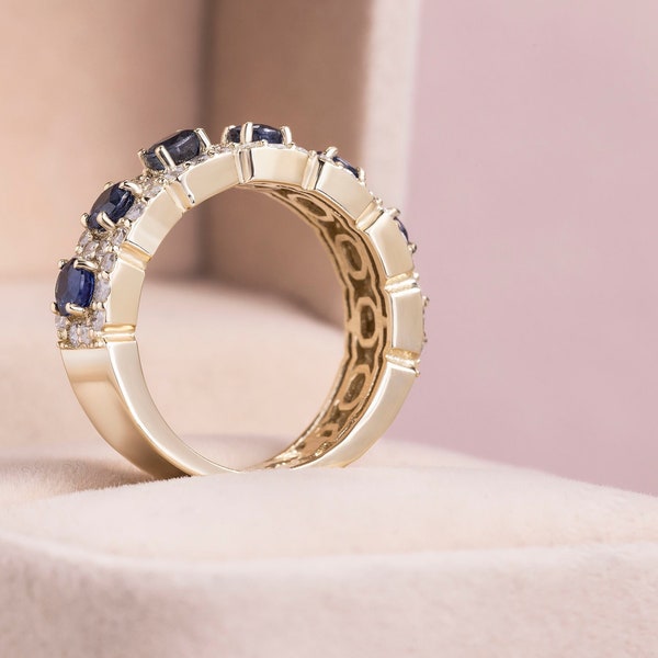 Unique Half Eternity Ring 3.75 Ct Blue Sapphire & Lab Diamond