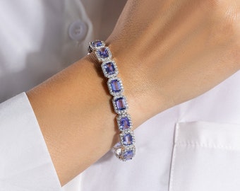 20 Carat Tanzanite Halo Bracelet with Emerald Cut Stones and Natural Diamonds Big Bracelet, Luxury Bracelet, Fine Diamonds