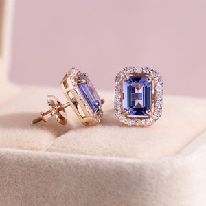 Rose Gold Halo Earrings, Tanzanite Halo Earrings Emerald Cut Shape image 2