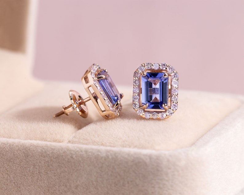 Rose Gold Halo Earrings, Tanzanite Halo Earrings Emerald Cut Shape image 2